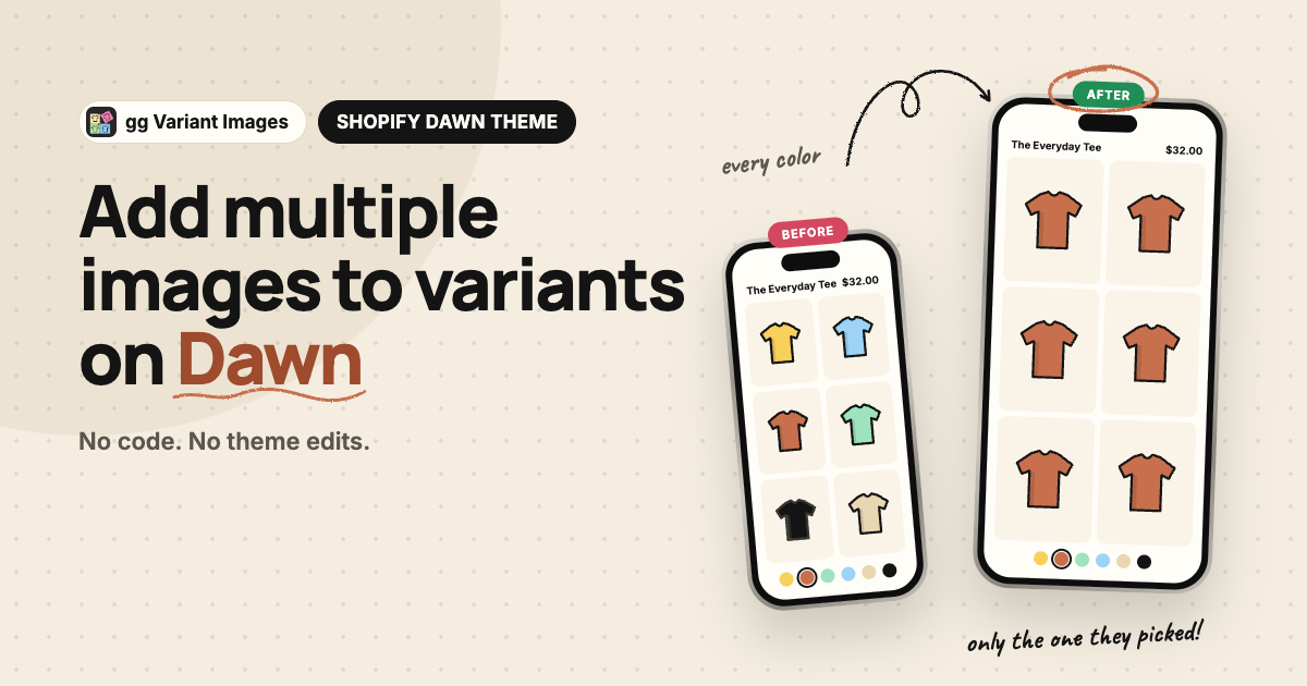 Add multiple images to variants on Shopify Dawn theme: gallery before and after