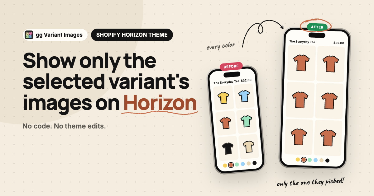 Show only selected variant images on Shopify Horizon theme: gallery before and after